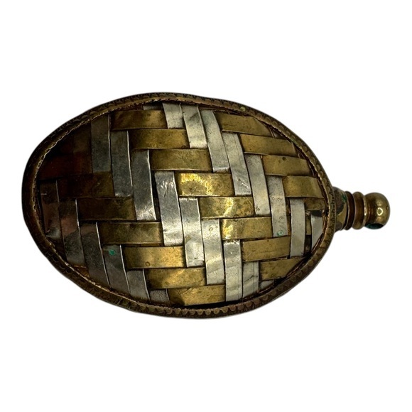 Antique Brass and Silver toned Inlay Pendant, Woven Design, Handcrafted, 2”‎ - Picture 4 of 8